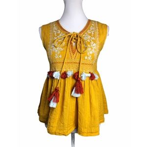 Altar’d State Top Sun Yellow Sleeveless Embroidered Tassel Peasant Blouse